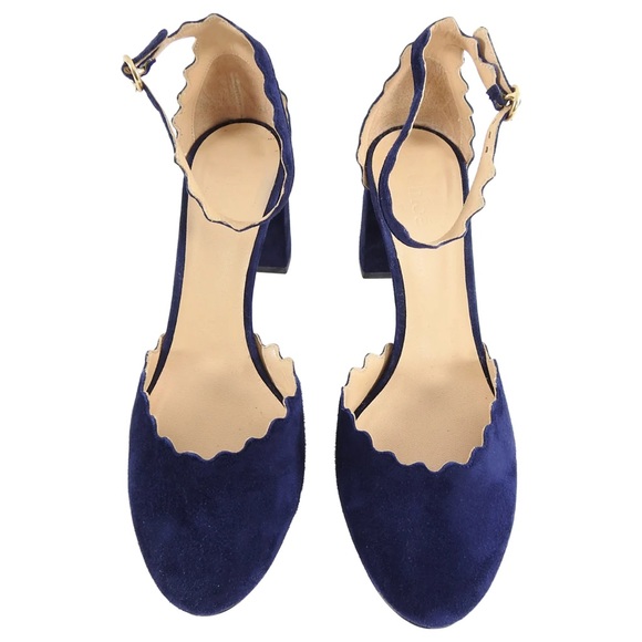 Chloé | Women's Navy Lauren Scalloped Suede D'orsay Block Heel Pumps - Picture 3 of 9